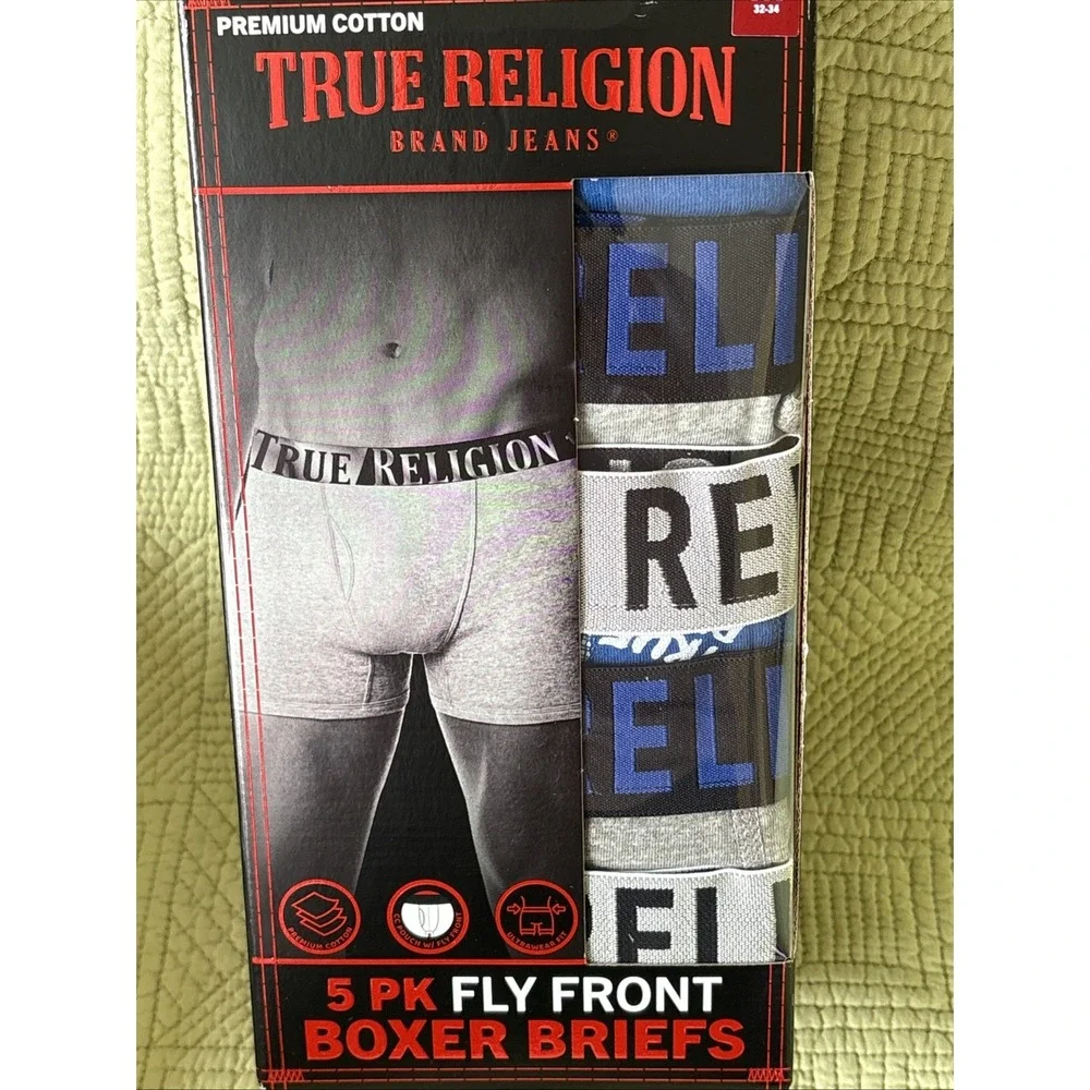 True Religion Men's Boxer Briefs 5 Pack Size M 32-34 Premium Cotton Fly Front